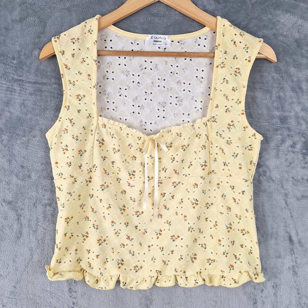 Cottagecore Milkmaid Top Womens XL Butter Yellow Coquette Boho Floral Eyelet